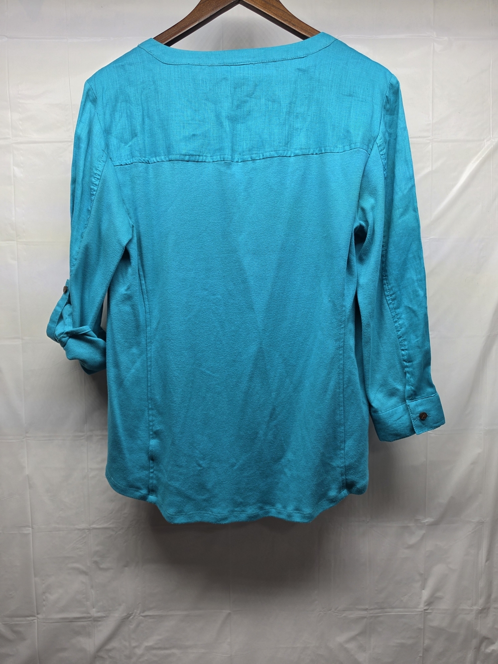 NOT FOR SALE. JM Collection Turquoise Linen Blend Roll Tab Blouse Size 8 - Picture 6 of 6